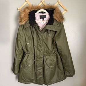 J. Crew | Olive Green Hooded Parka with Faux Fur Trim PrimaLoft
